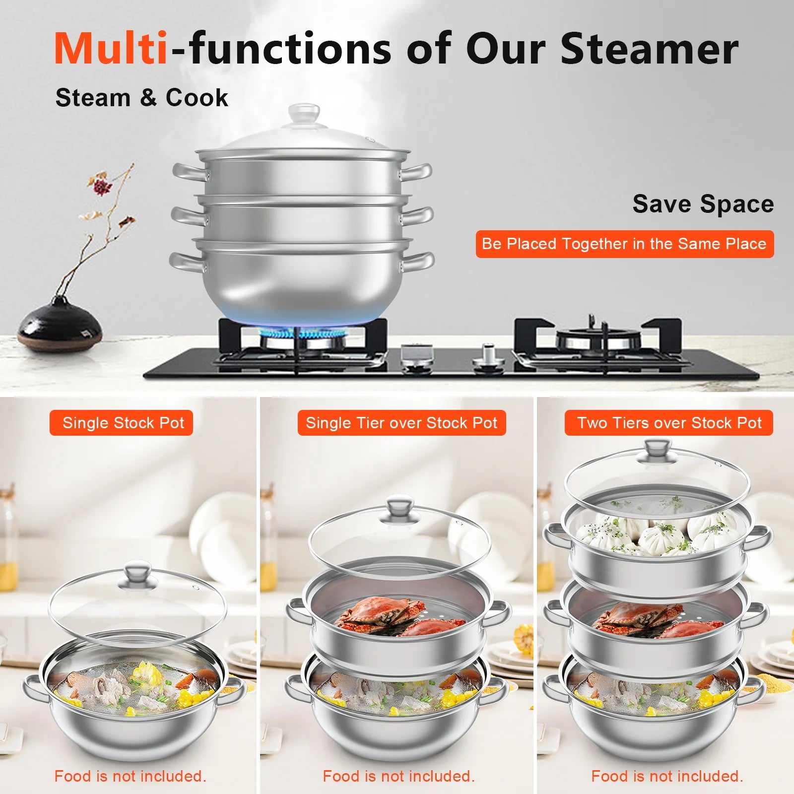 28CM 3-Tier Large Stainless Steel Steam Cooker