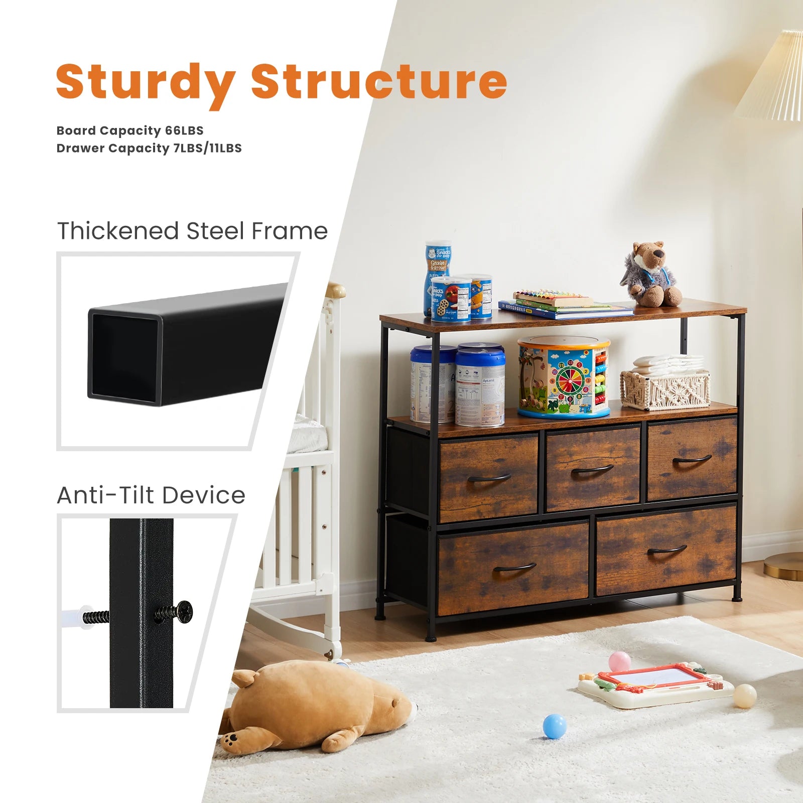 Display Cabinet Dresser, 5 Fabric Drawers, Shoe Rack