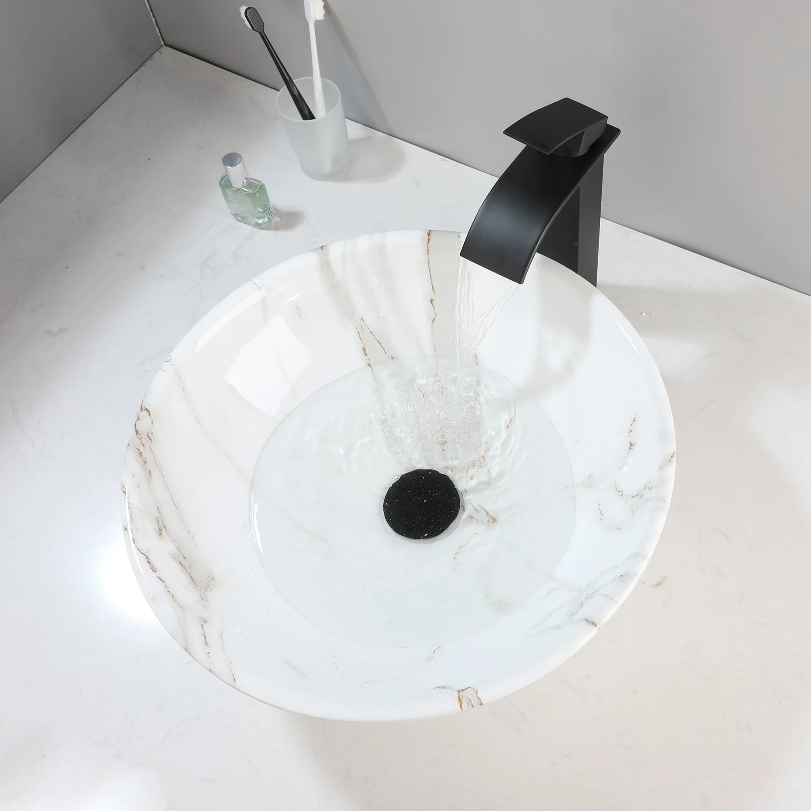 17'' Round Vessel Vanity Sink, Faucet, Drain Set