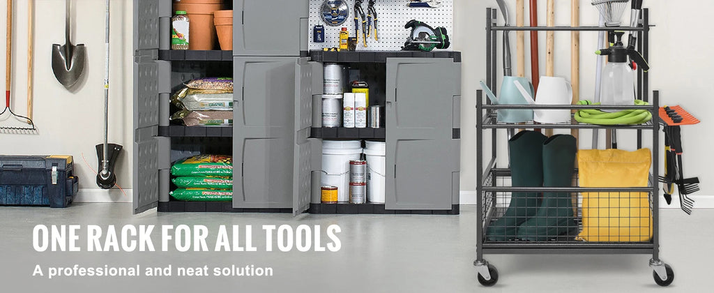 Portable Garden Tool Organizer Rack with Hooks, Wheels