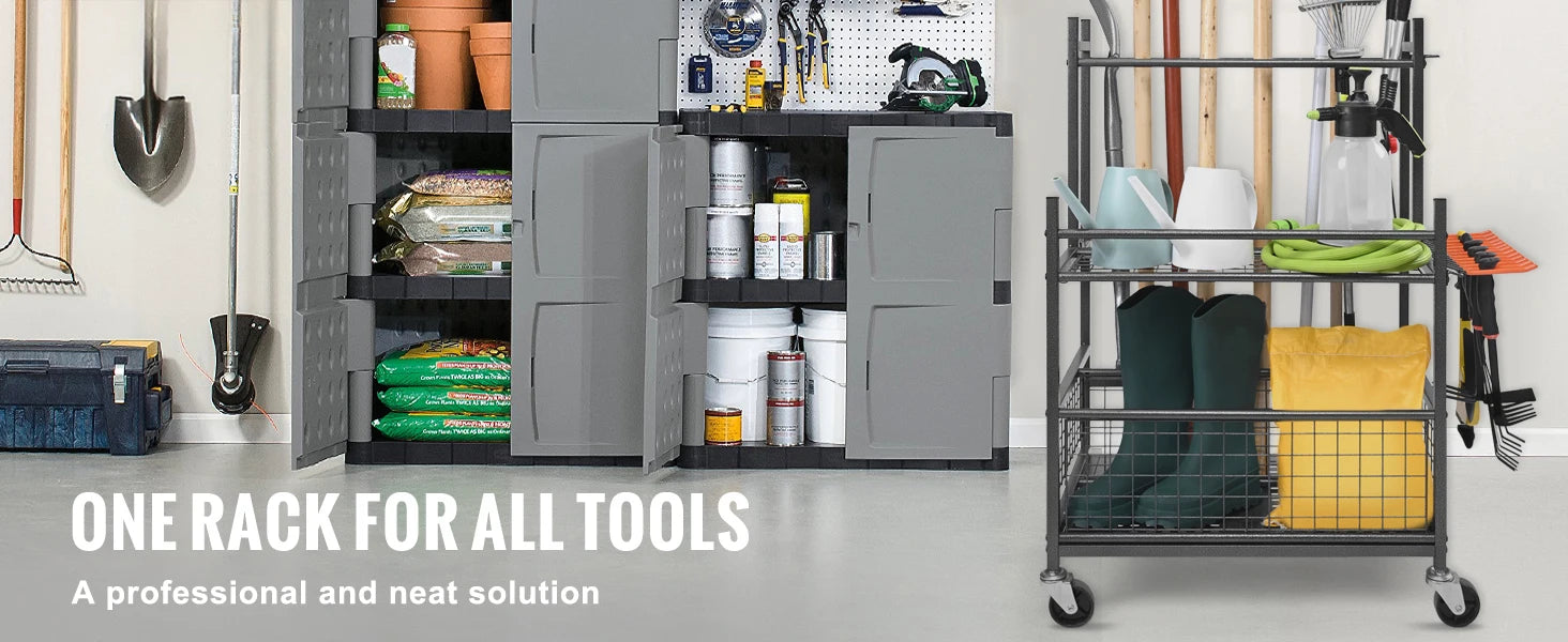 Portable Garden Tool Organizer Rack with Hooks, Wheels