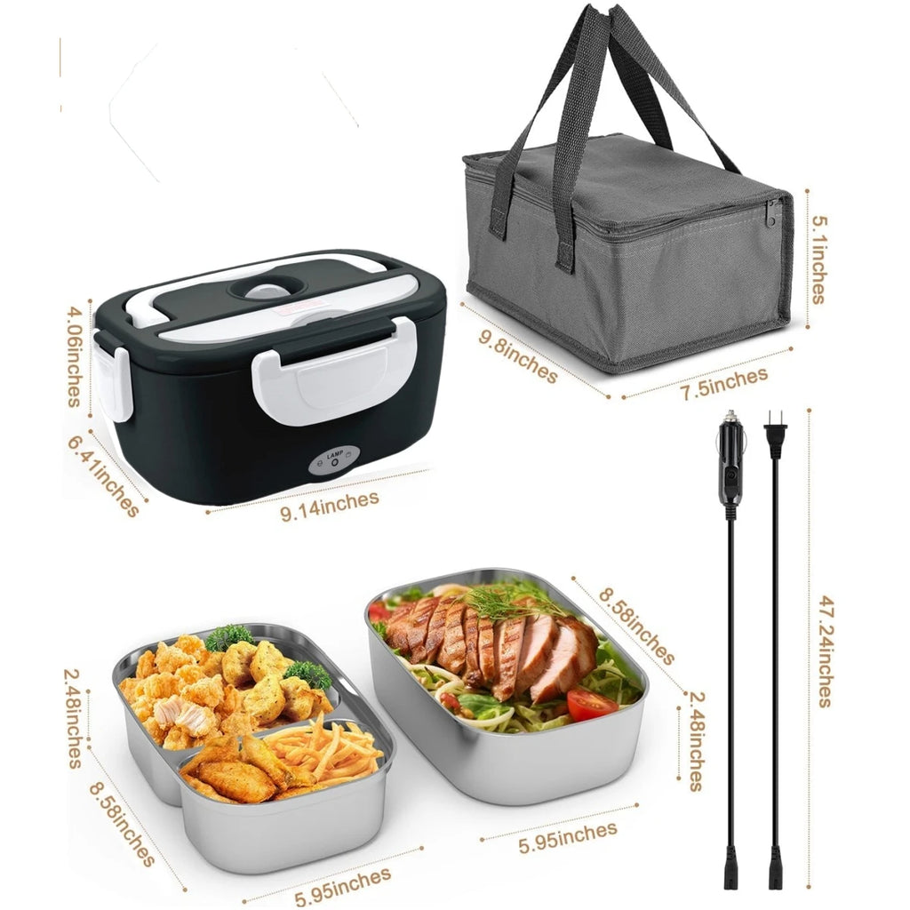 Heated Lunch Box. Dual Stainless Steel Containers, Portable