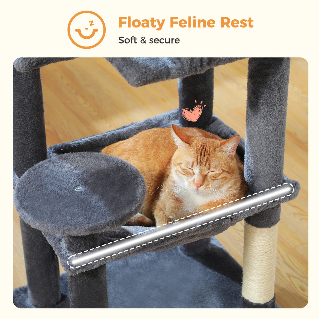 5-Level Cat Tree 113cm Cat Tower with Top Perch,Soft Condo,Natural Sisal Scratching Post,Attractive Pompom,Anti-tip kit,Hammock
