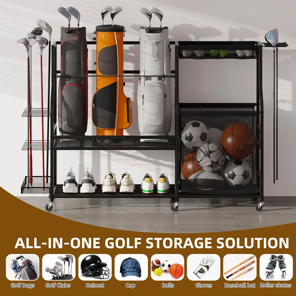 3 Golf Bag Organizer with Wheels Accessories Rack