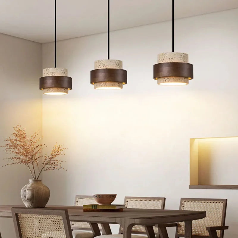Natural Stone LED Pendant Lamp, Wood, Cord Adjustable