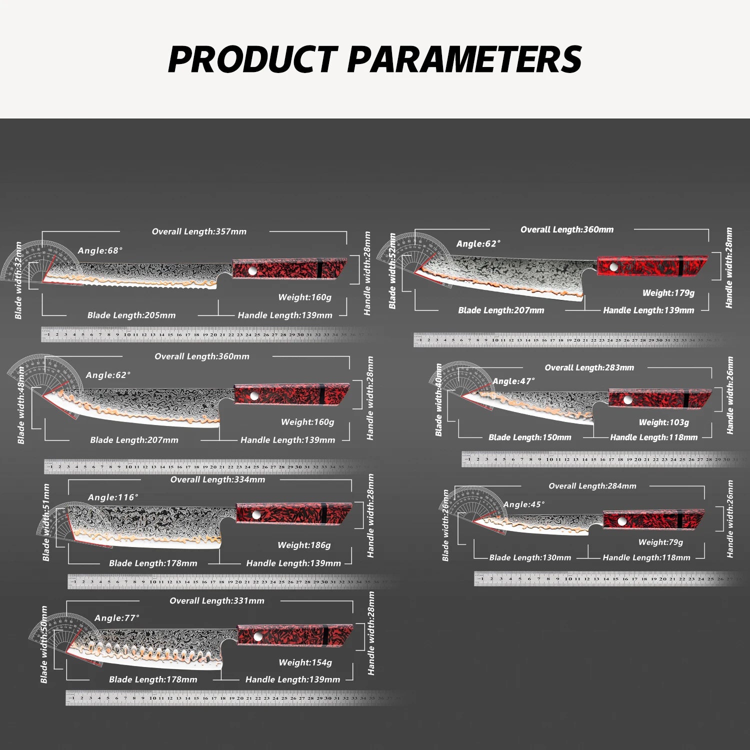 1-7PCS 55 Layers Copper Damascus Steel Chef Knife