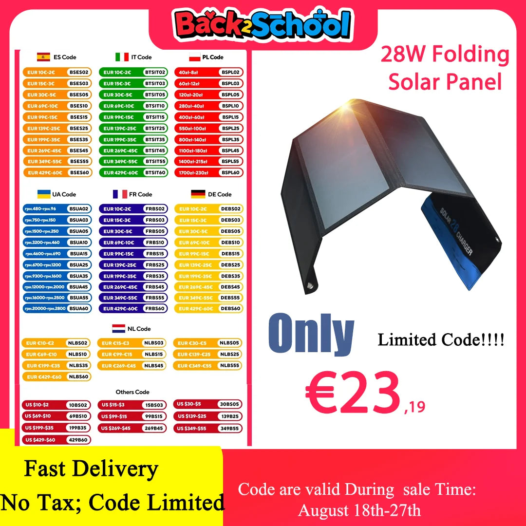 28W Portable 5VFolding Solar Panel 2 USB Ports