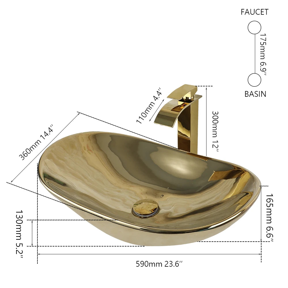 Large Gold Vessel Sink with Faucets, Drain