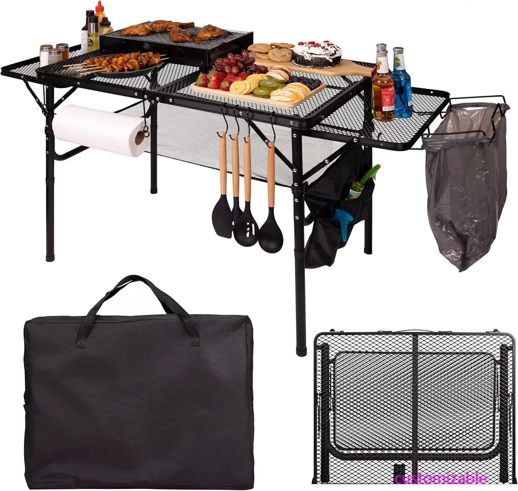 Folding Table w/ Carry Bag, Paper Towel Holder, Garbage Holder, Wing Panels, 3x2 FT Foldable Table for Portable Grill, Picnic