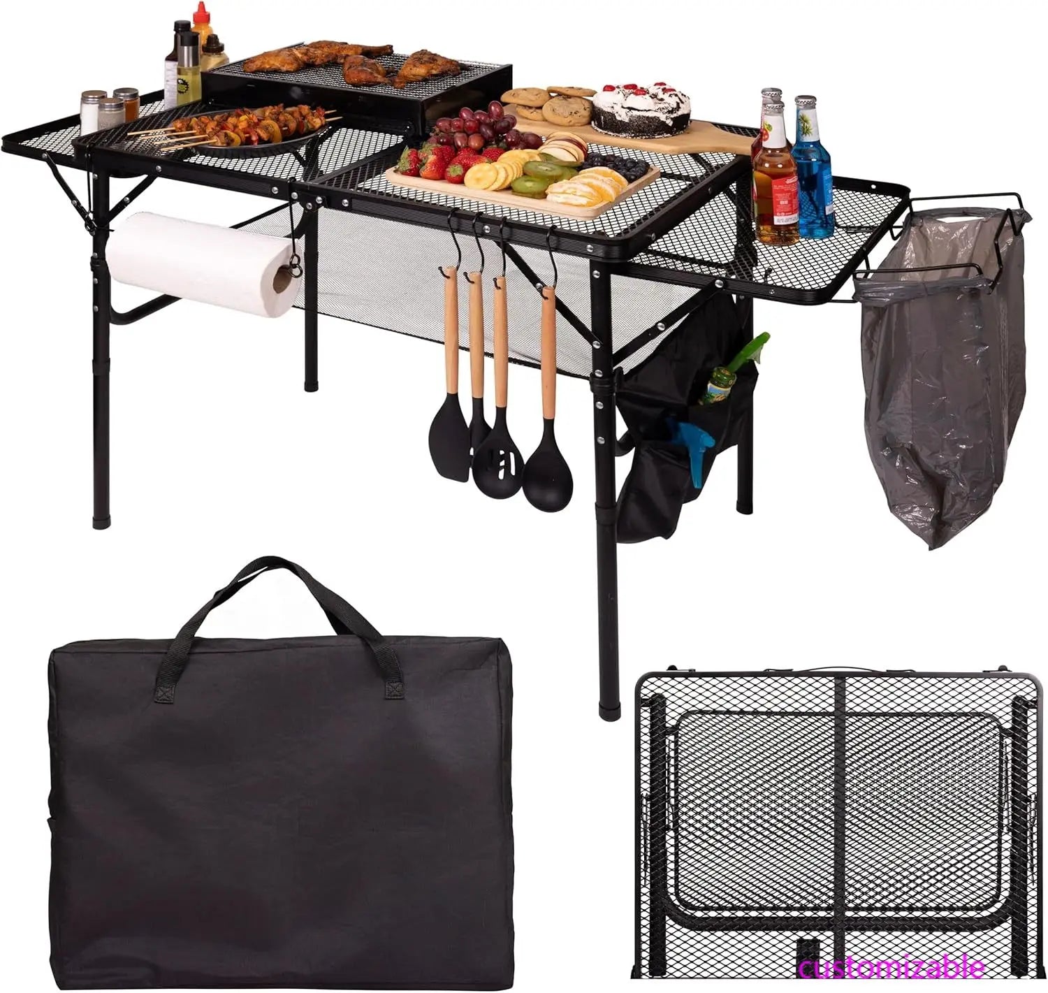 Folding Table w/ Carry Bag, Paper Towel Holder, Garbage Holder, Wing Panels, 3x2 FT Foldable Table for Portable Grill, Picnic