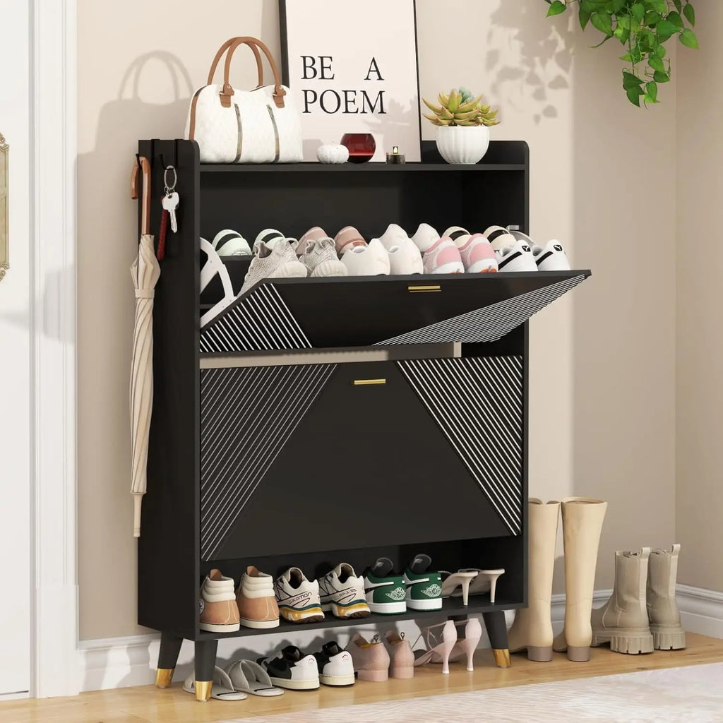 Shoe Cabinet for 24 Pairs with 2 Flip Drawers & Coat Hooks
