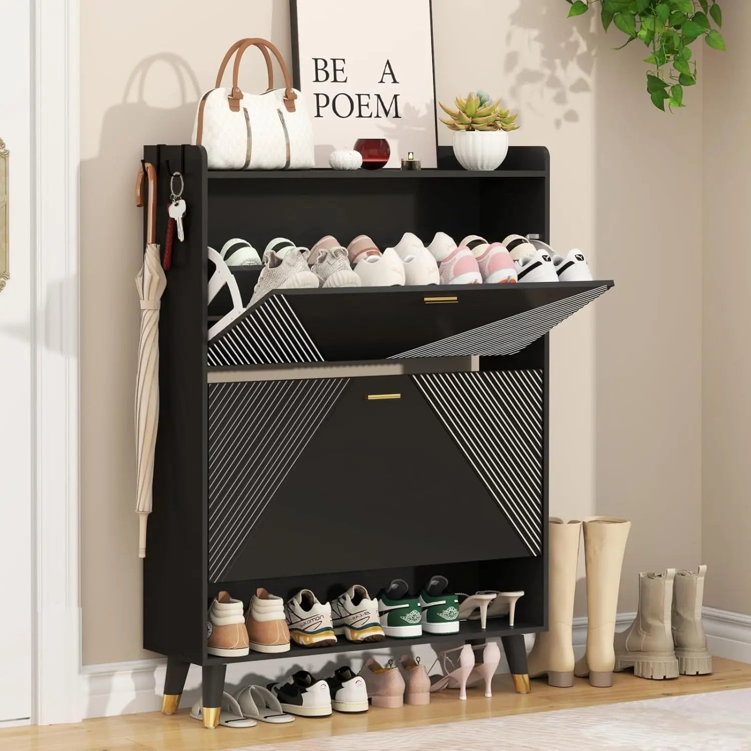 Shoe Cabinet for 24 Pairs with 2 Flip Drawers & Coat Hooks