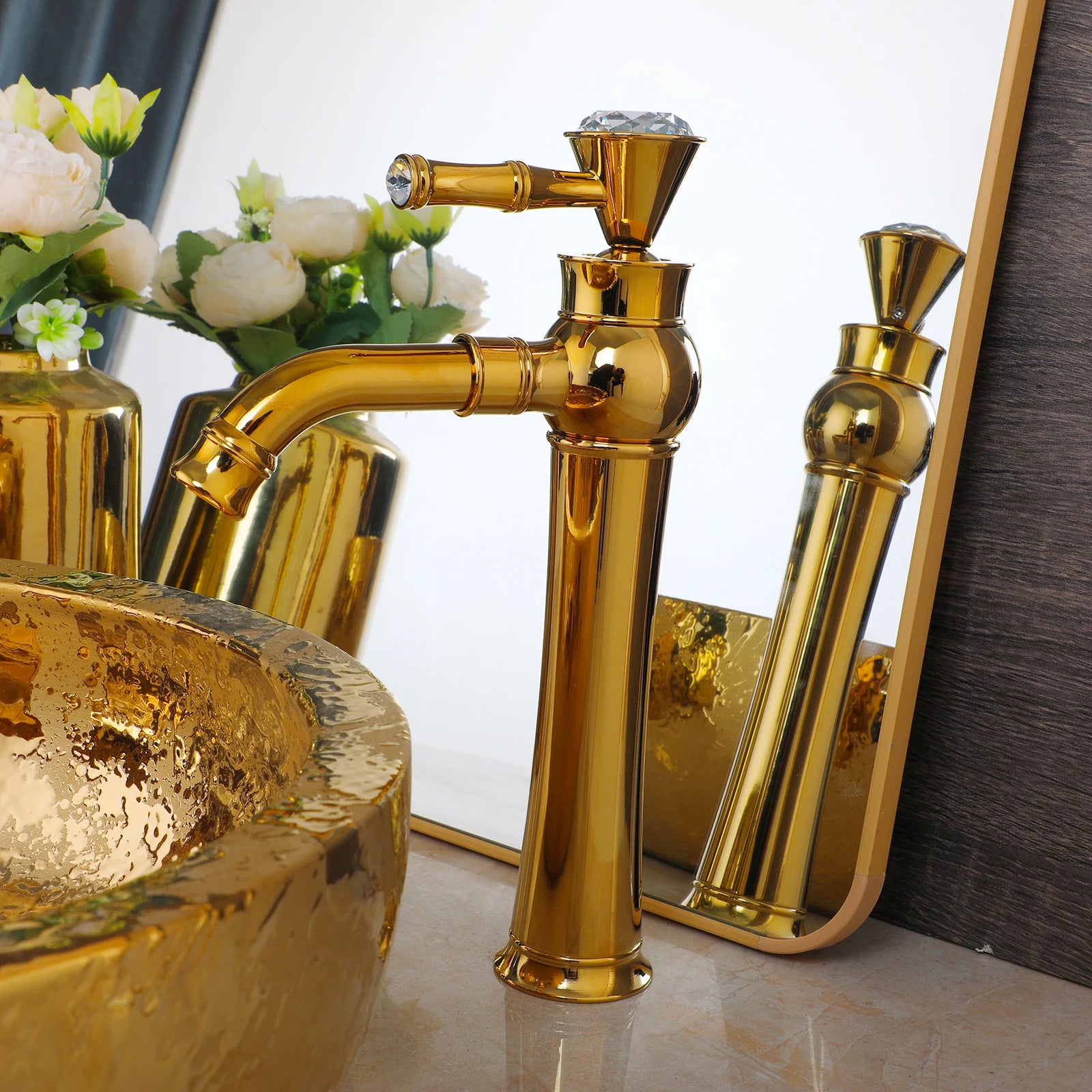 15" Gold Vessel Sink with Faucet, Drain