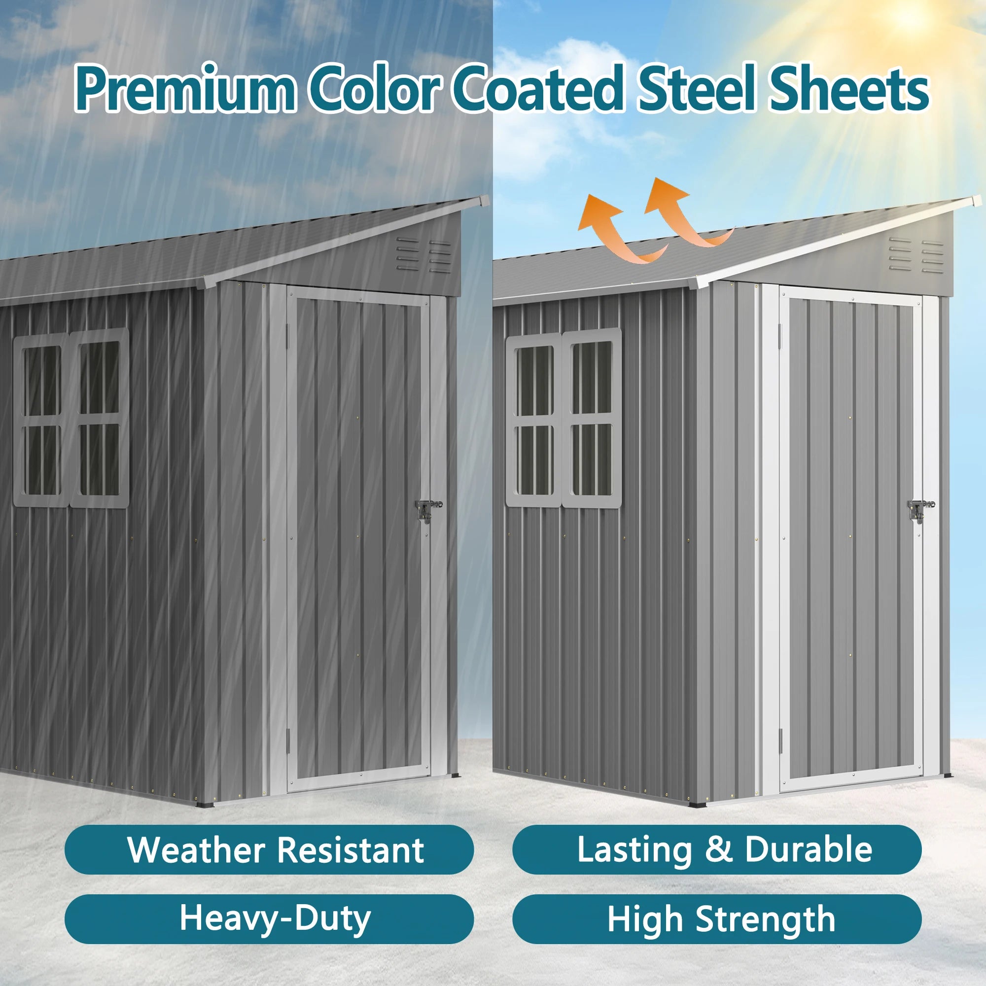 4x10 FT Galvanized Steel Shed, Lockable Storage, Windows