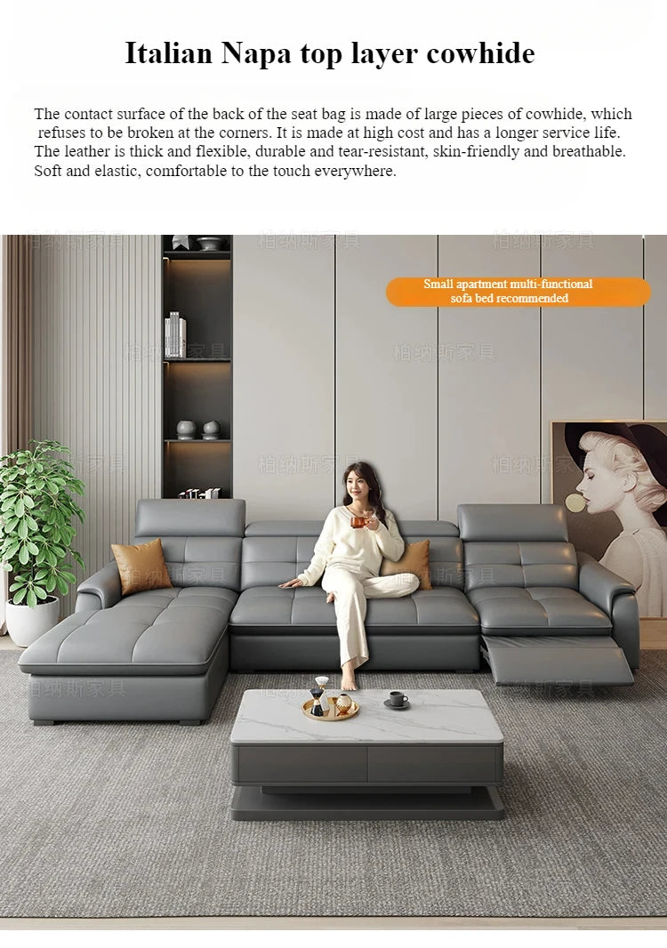 Genuine Leather Corner Sofa, Electric Reclining, Storage