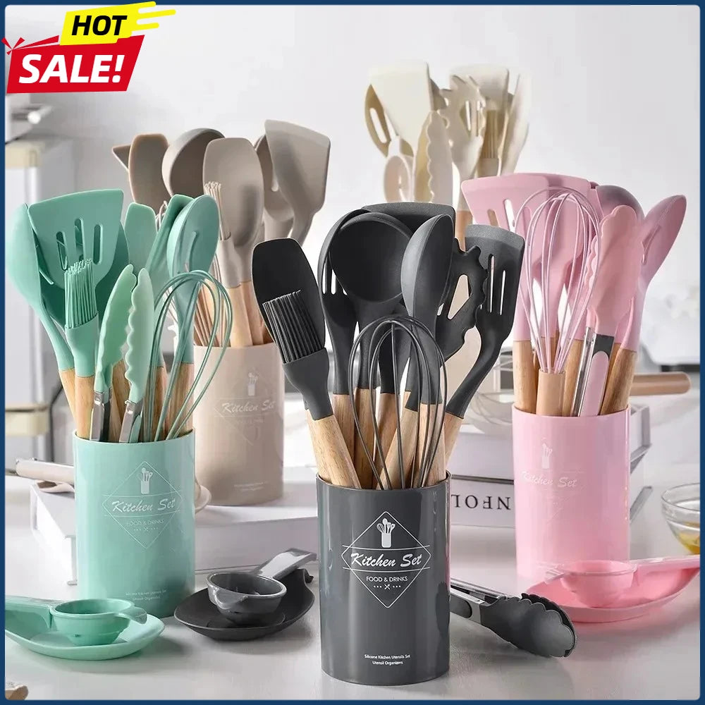 12PCS Wooden Handle Silicone Kitchen Utensils