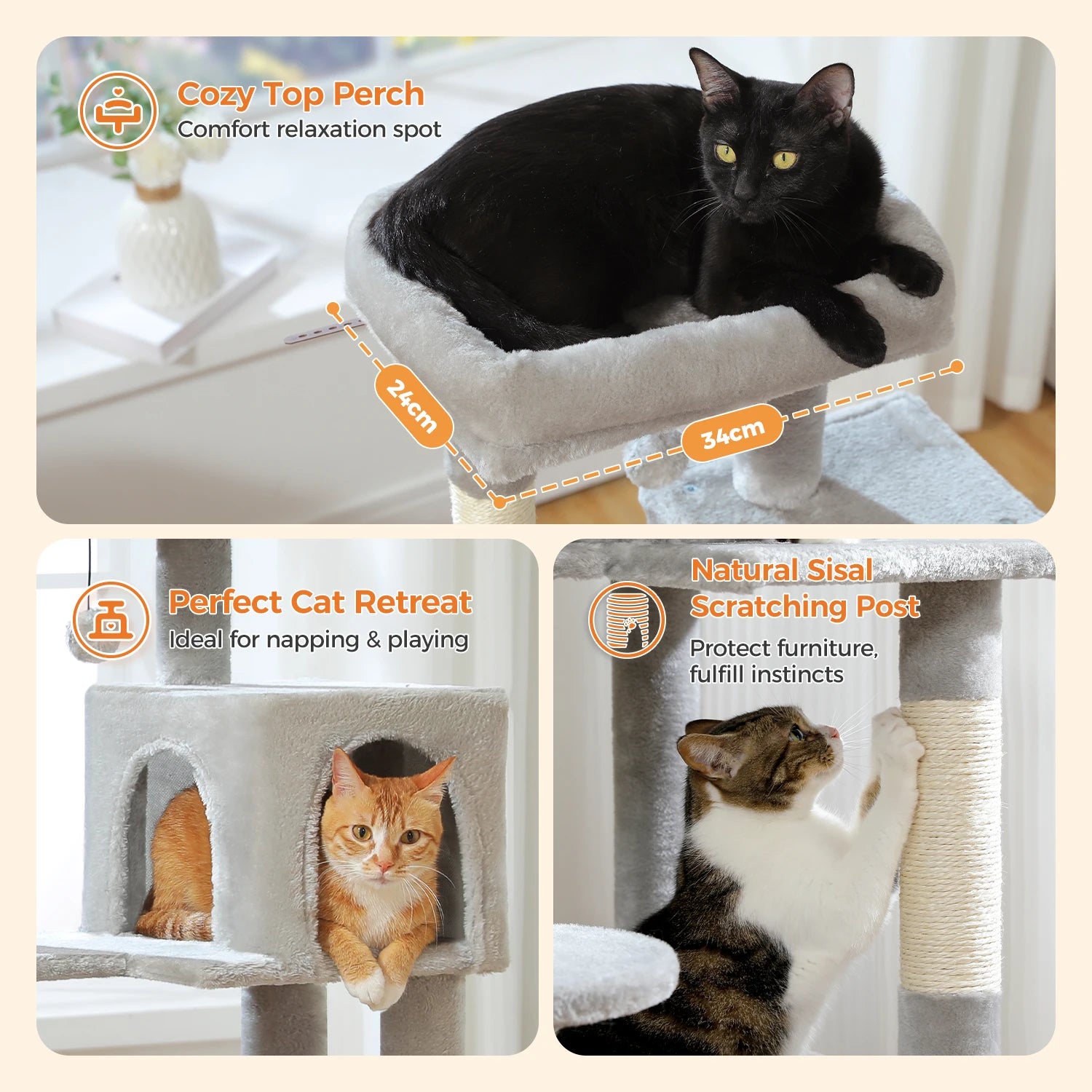 5-Level Cat Tree 113cm Cat Tower with Top Perch,Soft Condo,Natural Sisal Scratching Post,Attractive Pompom,Anti-tip kit,Hammock