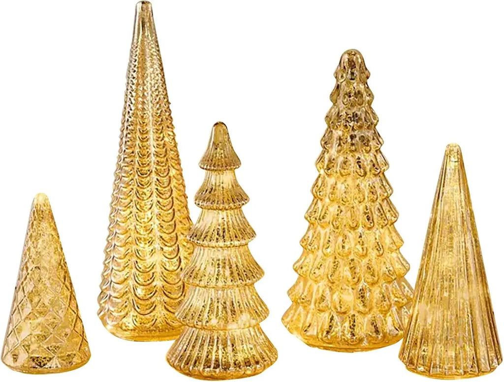 Set of 5 LED Christmas Trees, Gold, Silver