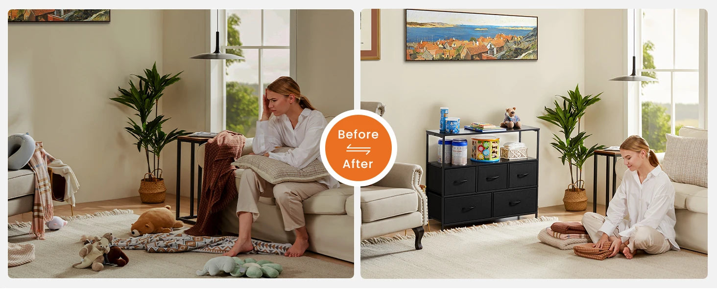 Display Cabinet Dresser, 5 Fabric Drawers, Shoe Rack