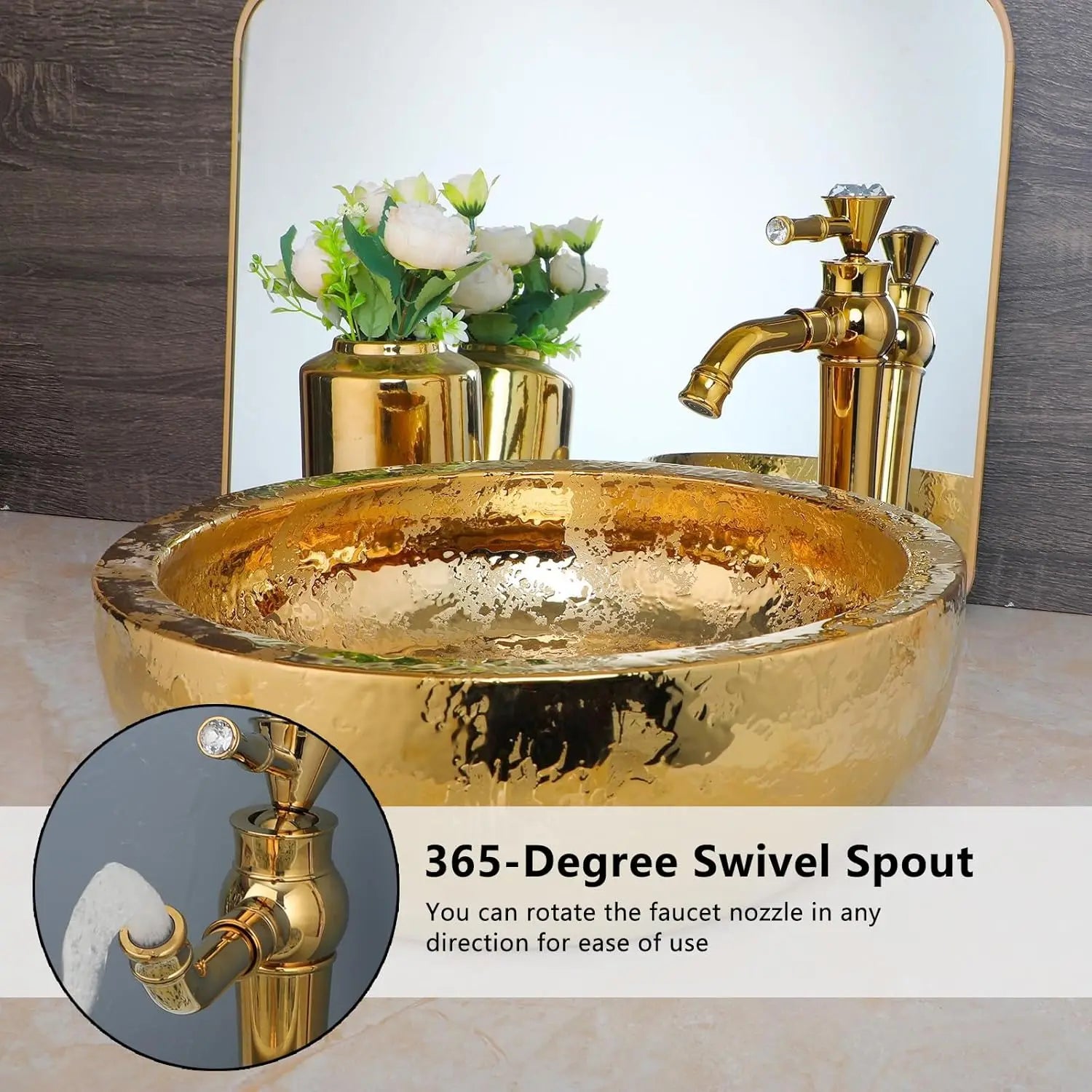 15" Gold Vessel Sink with Faucet, Drain