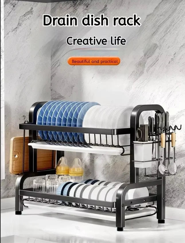 Stainless Steel Dish Rack 2-Tier, Drainboard & Utensil Holder