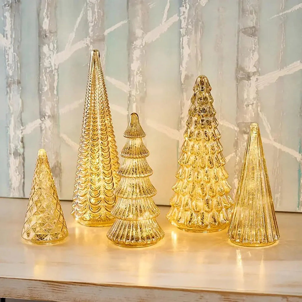 Set of 5 LED Christmas Trees, Gold, Silver