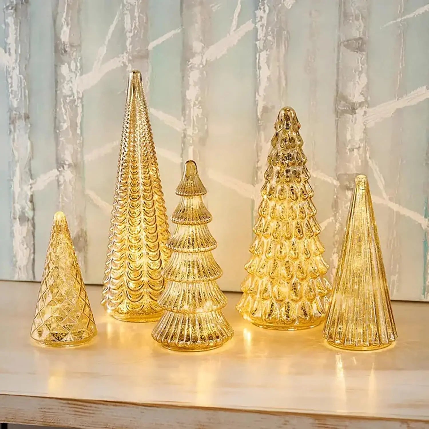 Set of 5 LED Christmas Trees, Gold, Silver