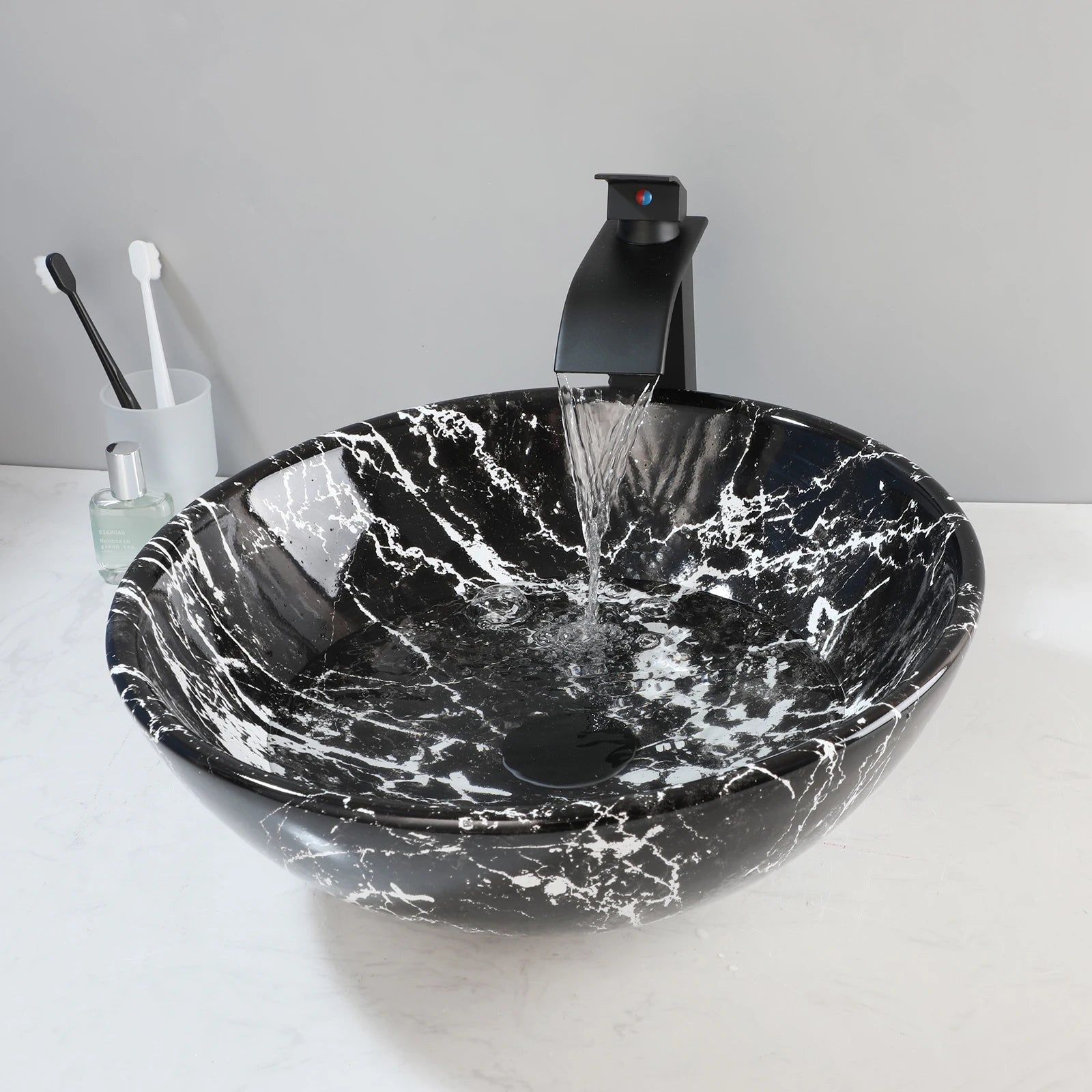 17'' Round Vessel Vanity Sink, Faucet, Drain Set