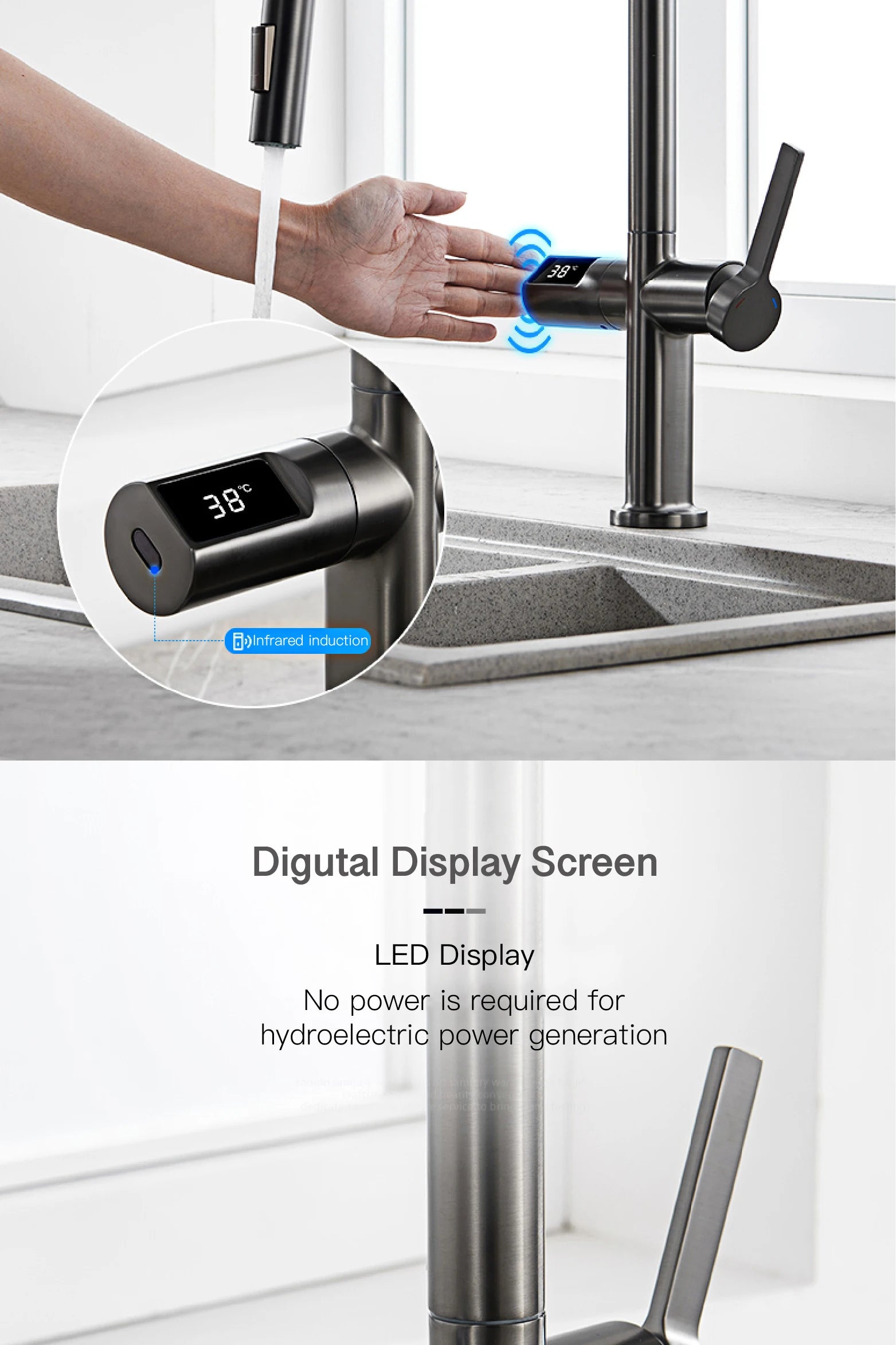 gun gray kitchen faucet, LED digital sensing, 2-function spay