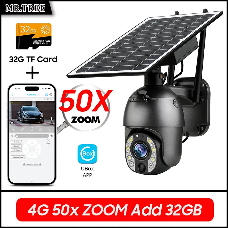 Solar Outdoor Surveillance Camera, 50X Zoom, Humanoid Tracking