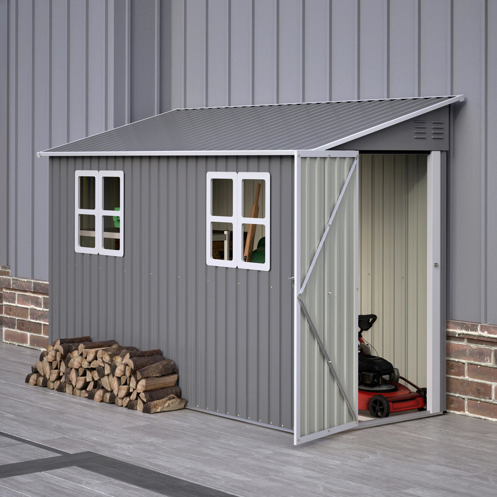 4x10 FT Galvanized Steel Shed, Lockable Storage, Windows