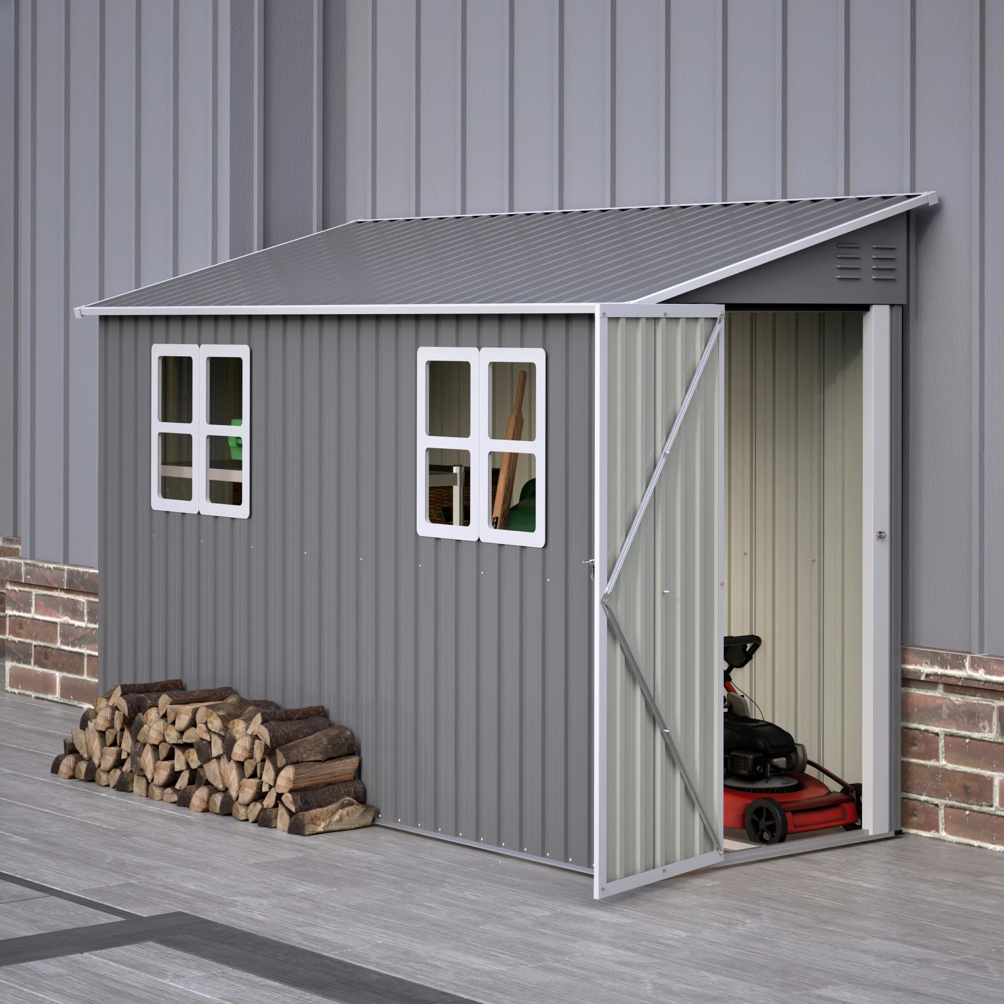 4x10 FT Galvanized Steel Shed, Lockable Storage, Windows