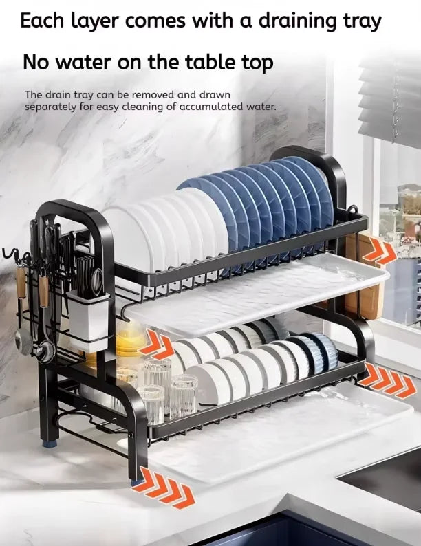 Stainless Steel Dish Rack 2-Tier, Drainboard & Utensil Holder