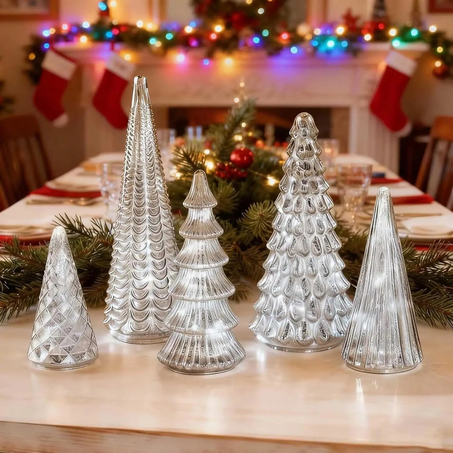 Set of 5 LED Christmas Trees, Gold, Silver