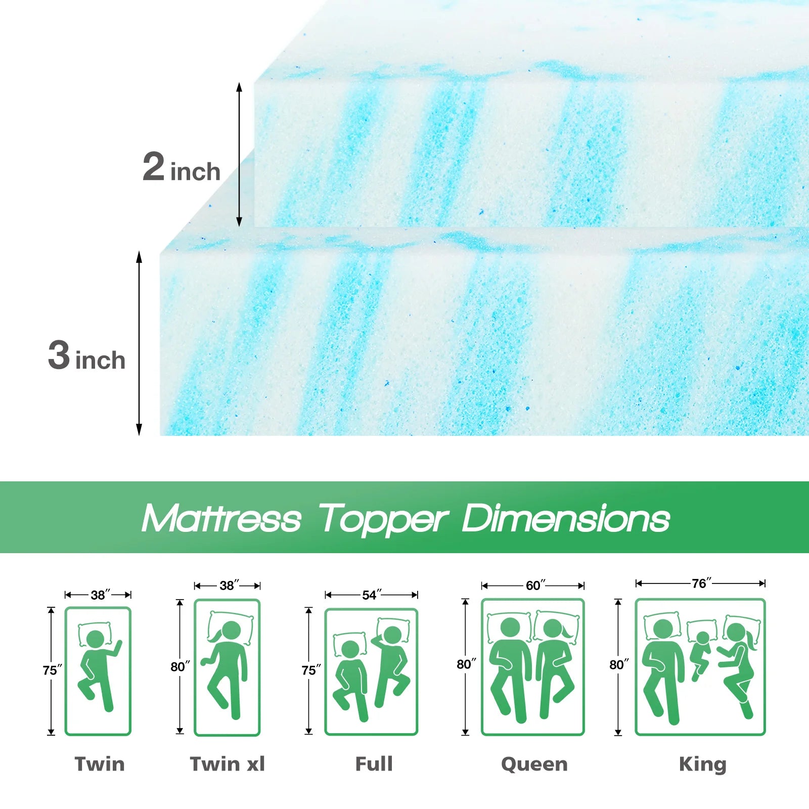 2-3 Inch Gel Memory Foam Mattress Topper, Cooling, Breathable