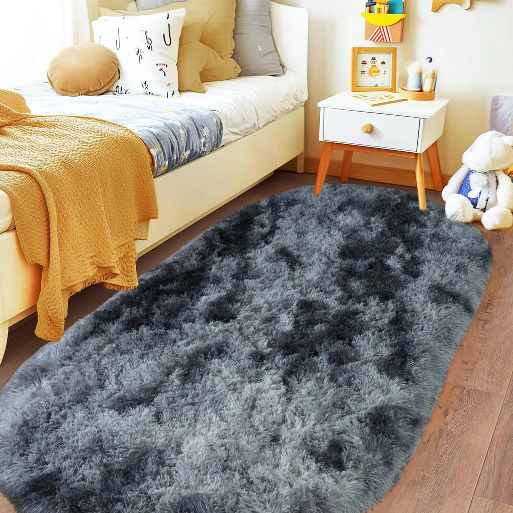 Oval Fluffy Plush Bedside Rugs, Moisture-Proof