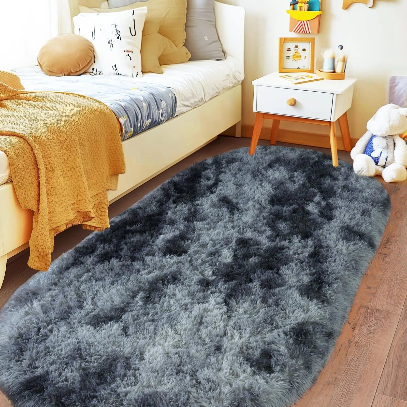 Oval Fluffy Plush Bedside Rugs, Moisture-Proof