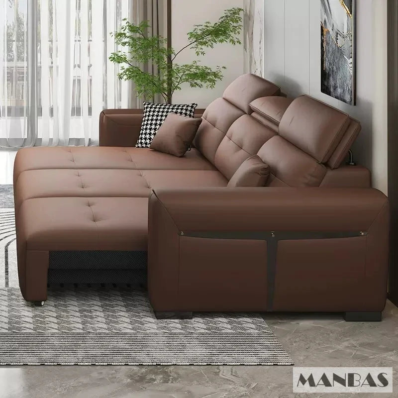 Leather Electric Convertible Sofa Bed, Adjustable Headrest