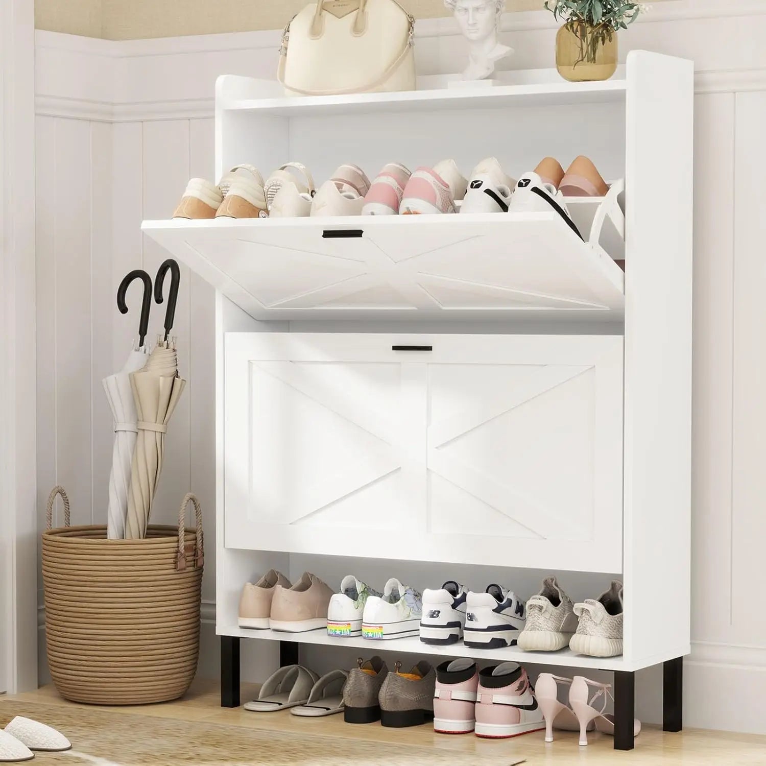 Shoe Cabinet for 24 Pairs with 2 Flip Drawers & Coat Hooks