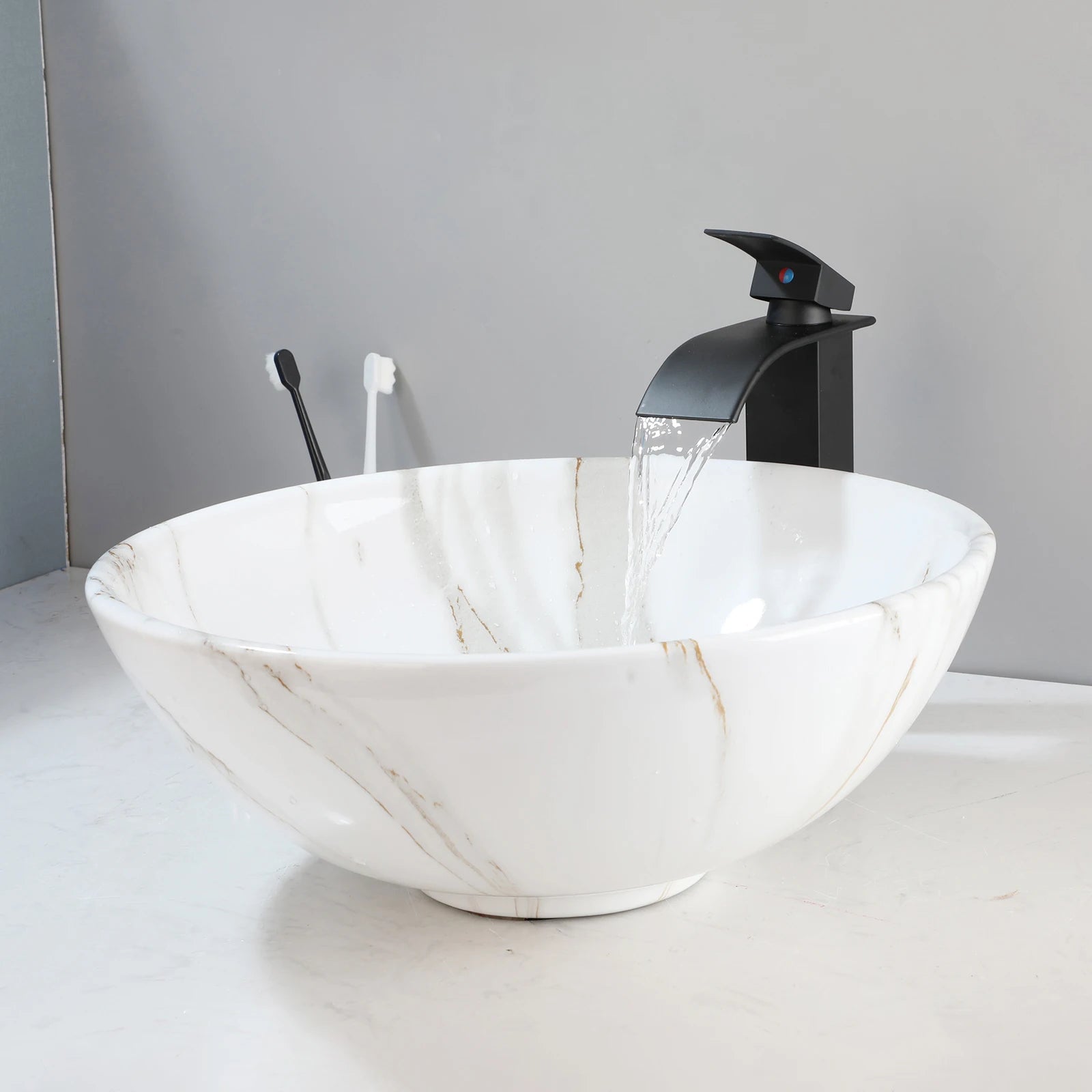 17'' Round Vessel Vanity Sink, Faucet, Drain Set