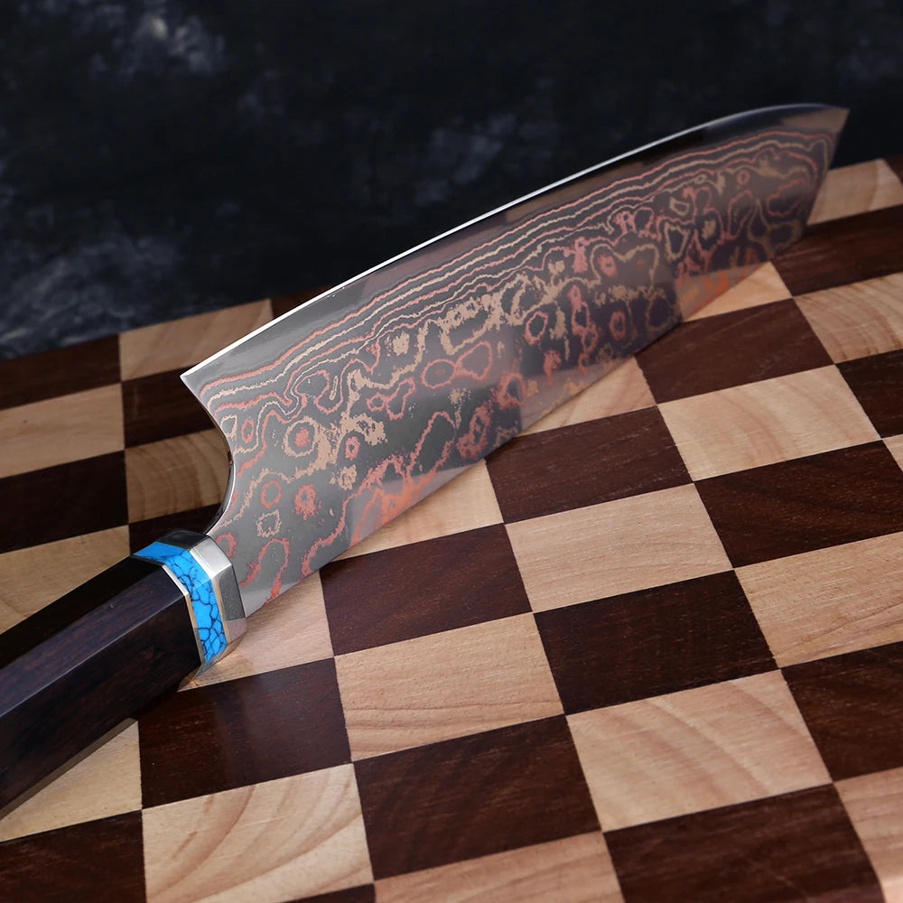 8 Inch Chef Knife 37 Layers Tricolor Copper Damascus Steel