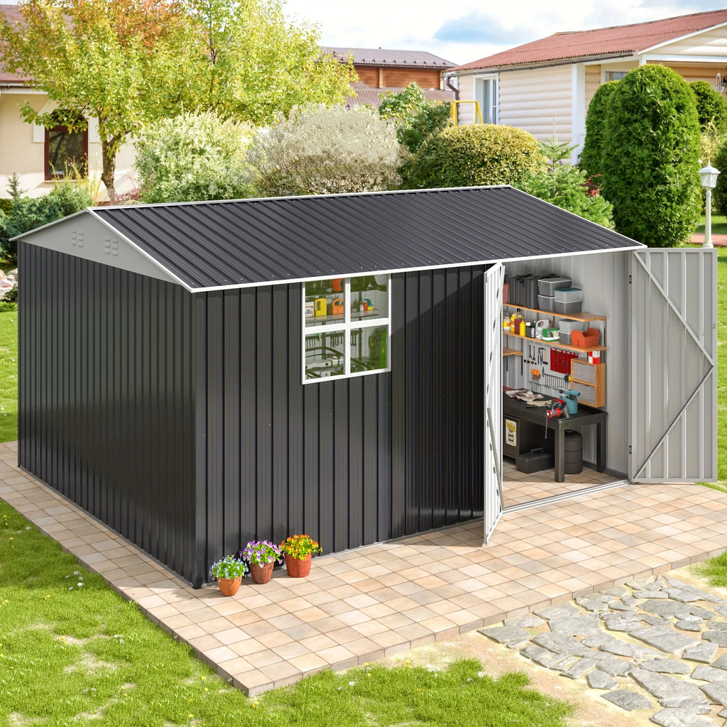 10x12 FT Outdoor Metal Storage Shed with Windows