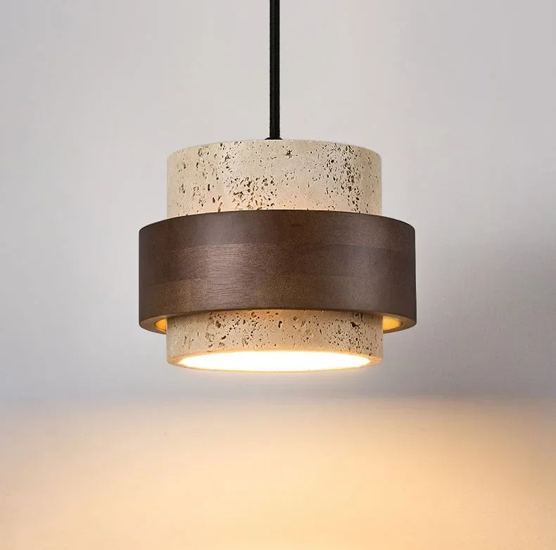 Natural Stone LED Pendant Lamp, Wood, Cord Adjustable