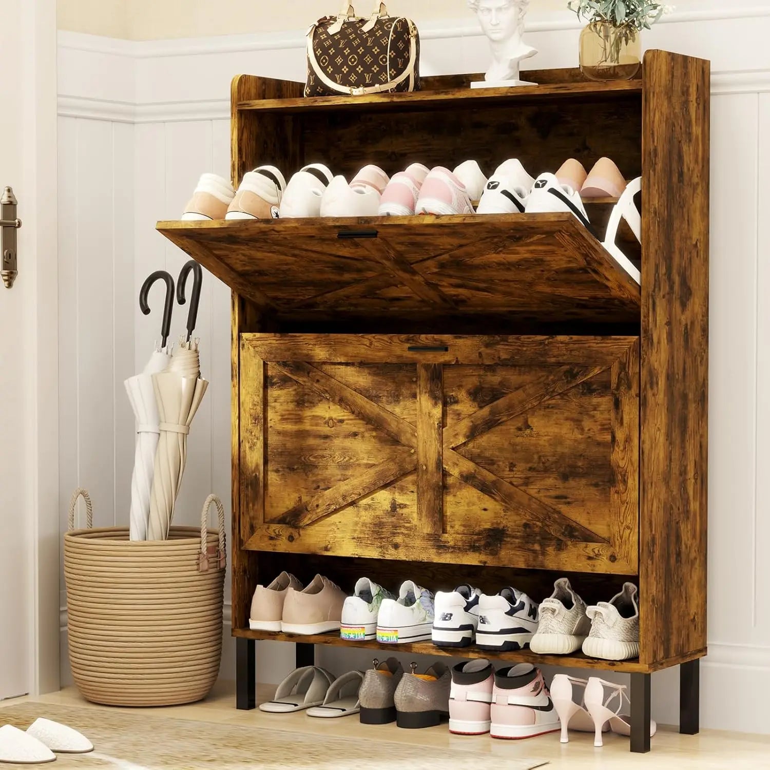 Shoe Cabinet for 24 Pairs with 2 Flip Drawers & Coat Hooks