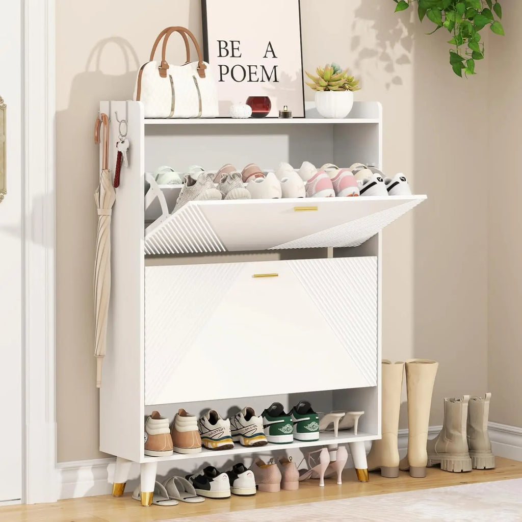 Shoe Cabinet for 24 Pairs with 2 Flip Drawers & Coat Hooks