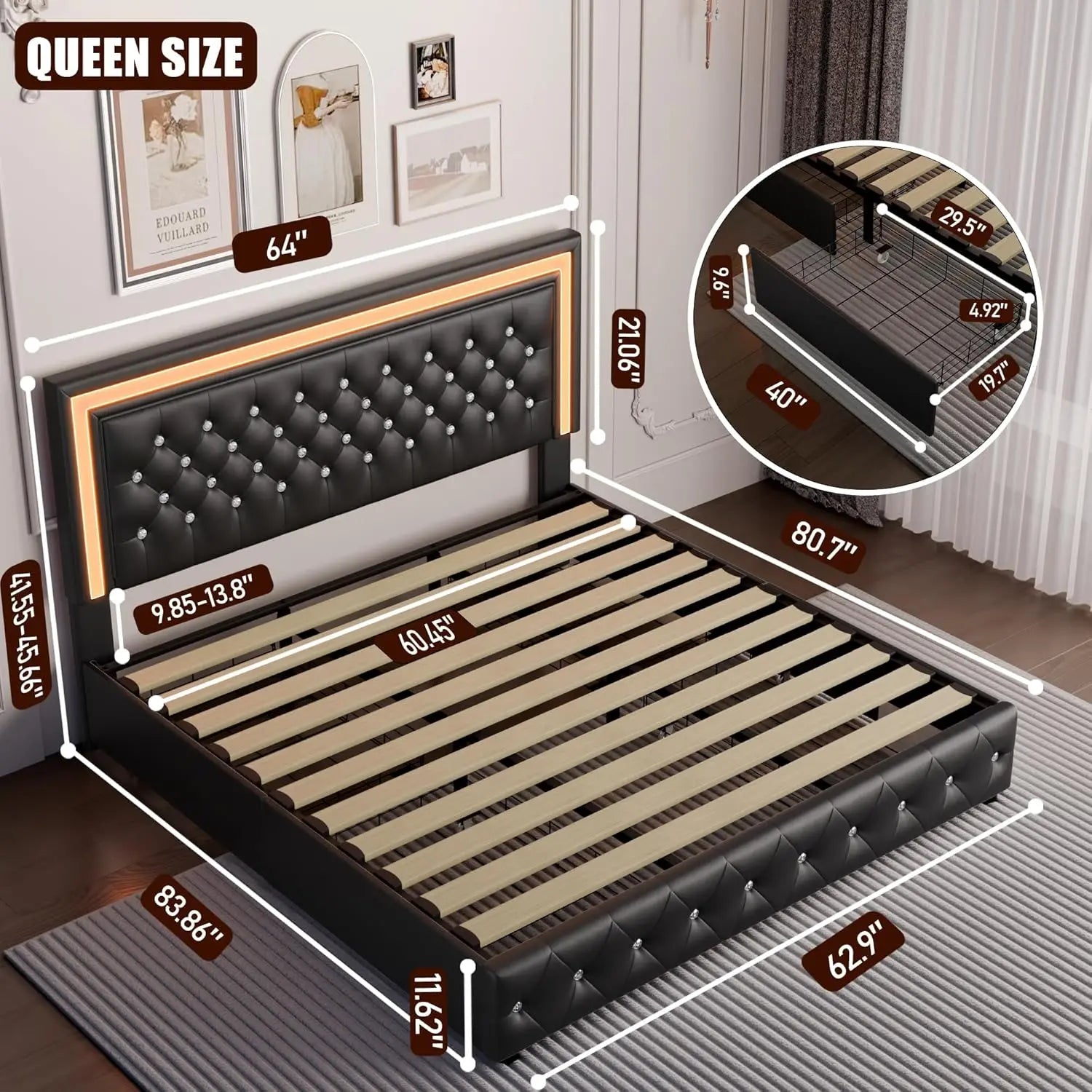 Queen Platform Bed Frame, 4 Drawers, LED Headboard