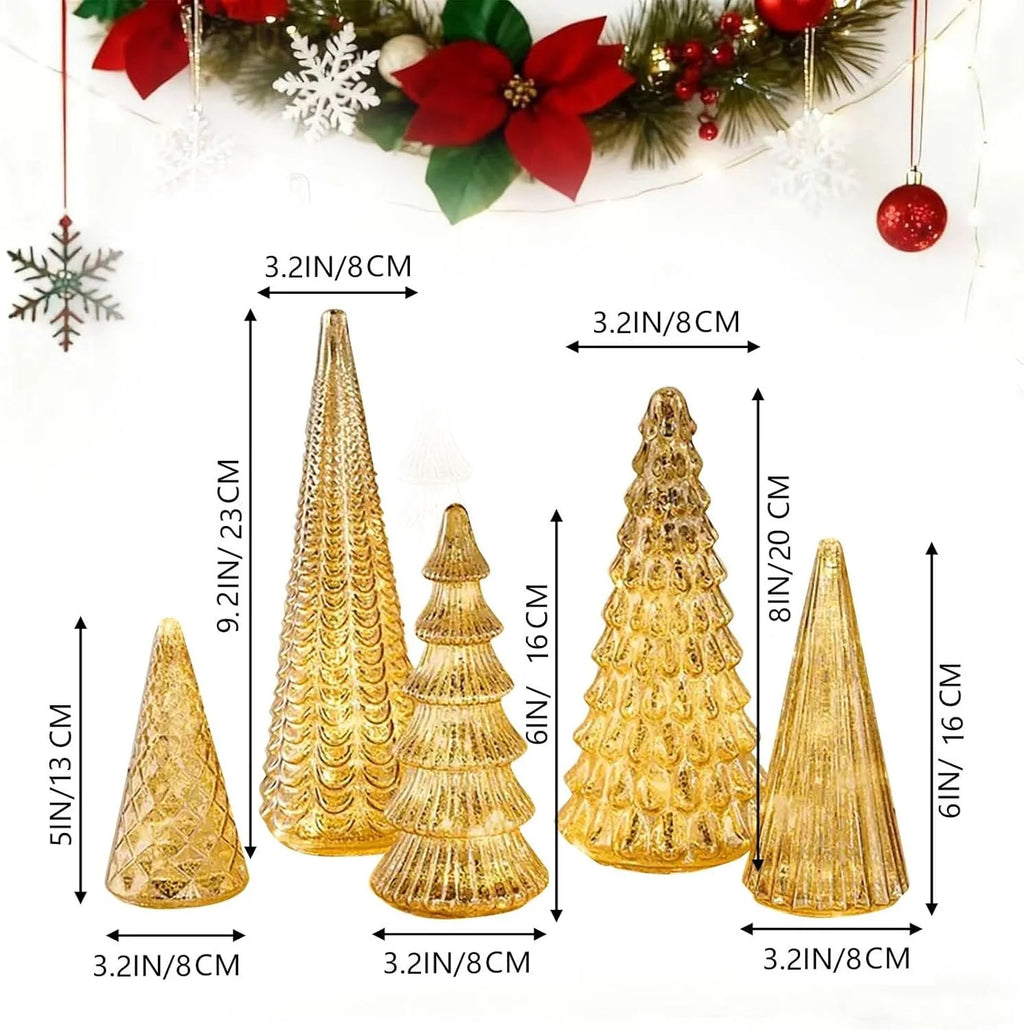 Set of 5 LED Christmas Trees, Gold, Silver