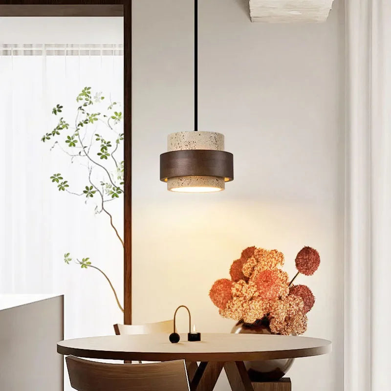 Natural Stone LED Pendant Lamp, Wood, Cord Adjustable