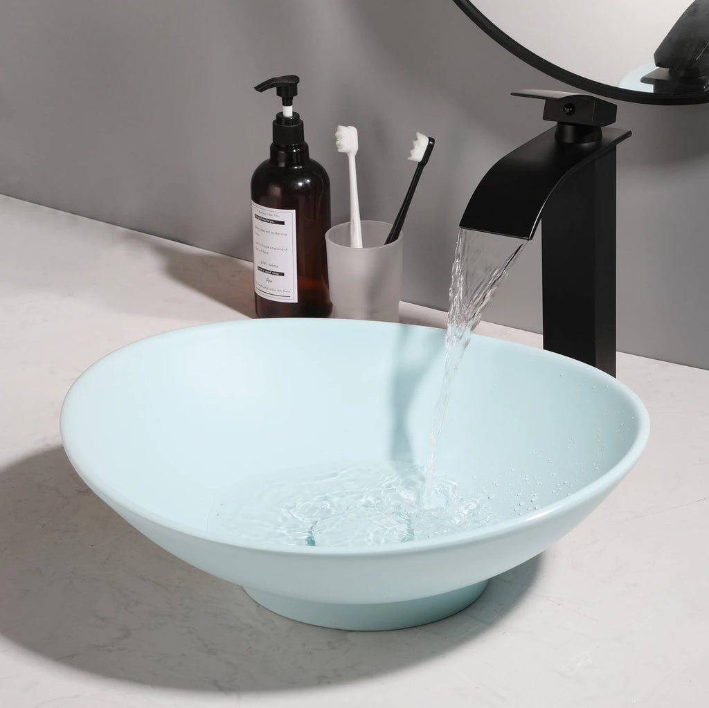 Blue Vessel Sink Deck Mounted, One Handle Faucet, Drain Set