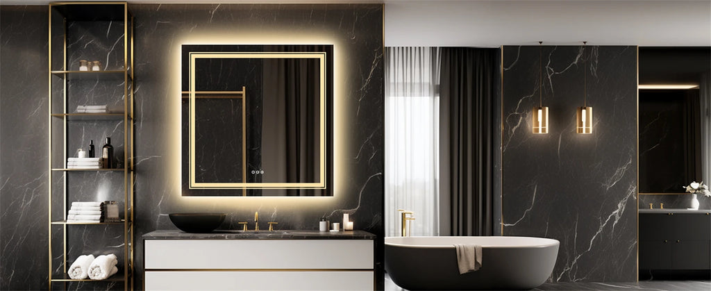 LED Bathroom Mirror Square Wall Mirror with Dimmable Lighted Touch Sensor and Demister Pad IP65 Waterproof Backlit + Front Light
